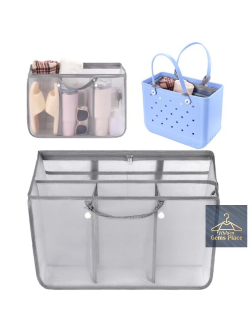 Mesh Beach Bag Organizer Insert Durable Ripstop with Pockets Fits XL Bogg Bag